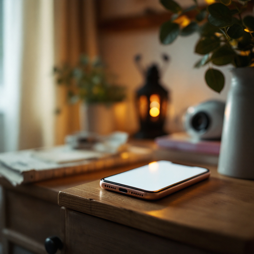 A phone screen showing a familiar photo arriving as a notification, hands cradling the phone in warm bedside light