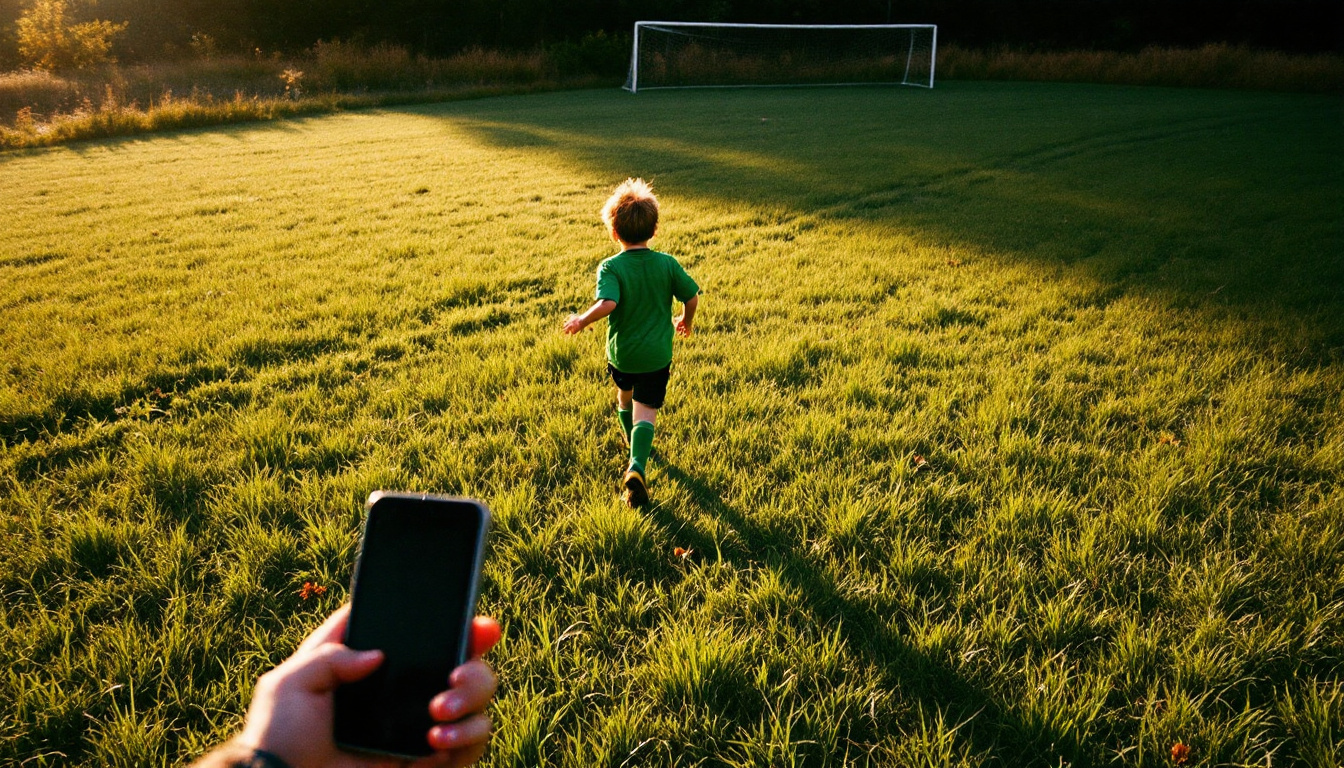 A child in a green jersey running across a sunlit soccer field in late afternoon October light, parent's hand holding a phone at the edge of frame