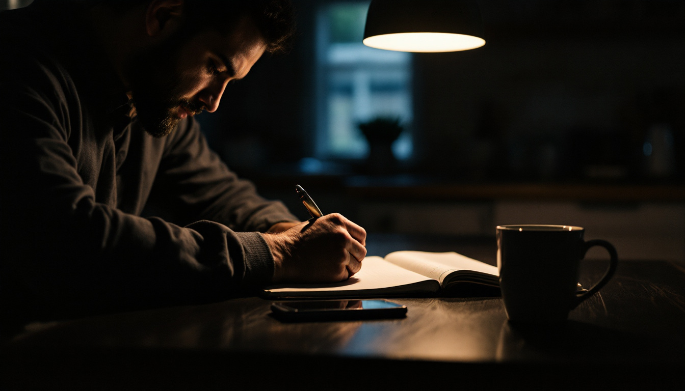 A man's hands writing in a notebook at a kitchen table at night, phone beside him, coffee mug at the edge of frame