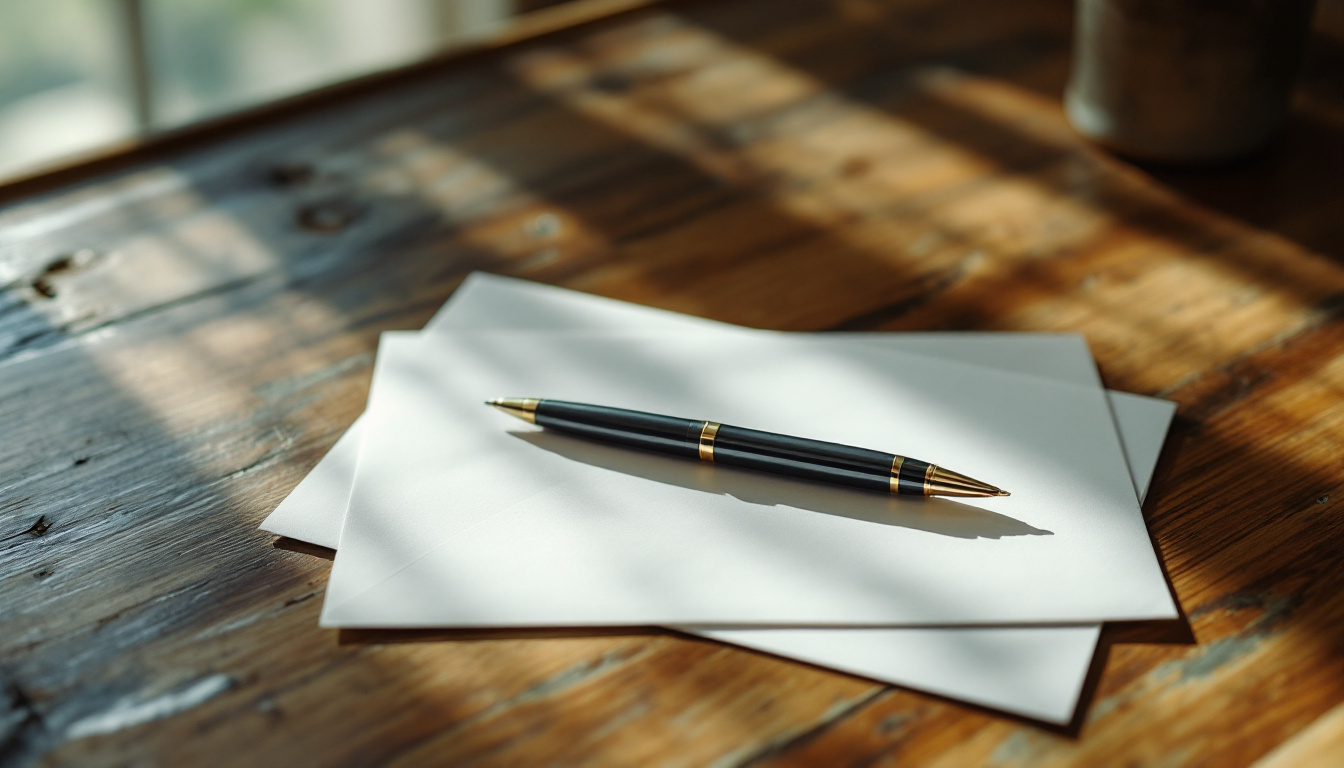 An unsealed envelope and handwritten letter on a wooden desk in quiet morning light, pen resting at the edge
